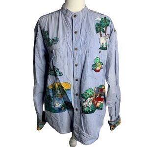 Noahs Arc Appliqued Chambray Shirt XL Blue Button Down Mandarin Collar Pockets